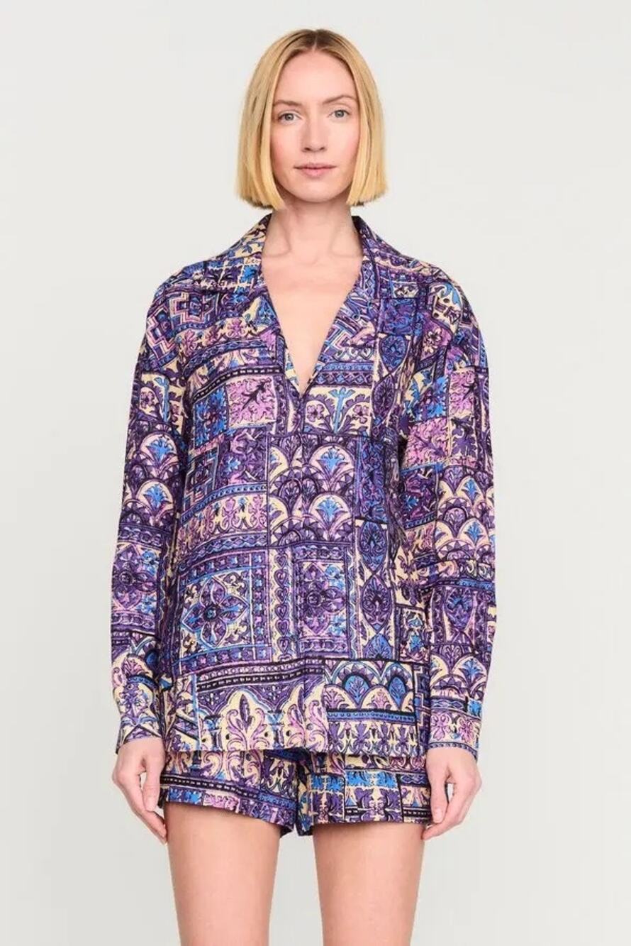 Marie Oliver Jolene Violet Tile Print Linen Long Sleeve Blouse Size Medium